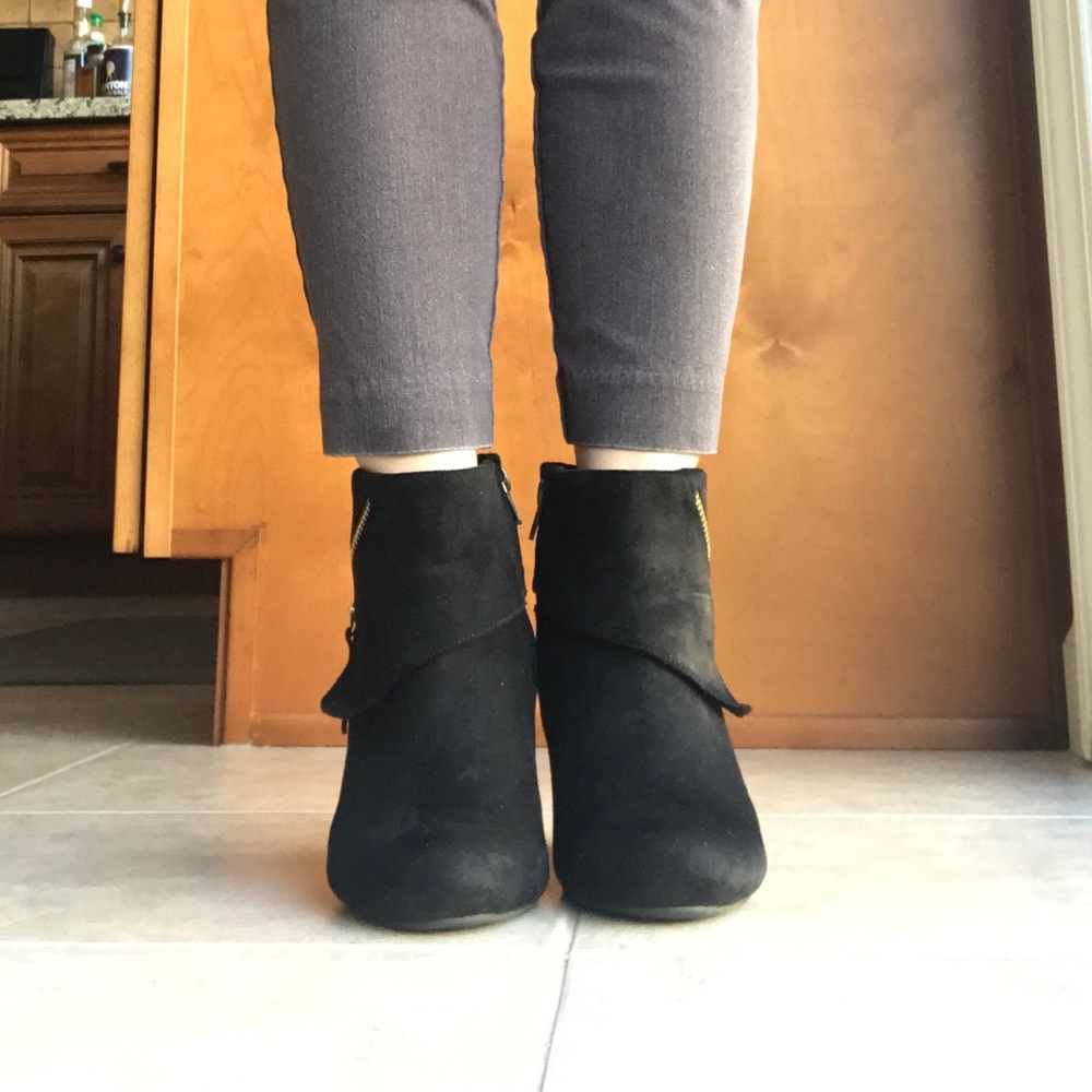 Black velvety 3” wedge ankle boots (sz 6.5)